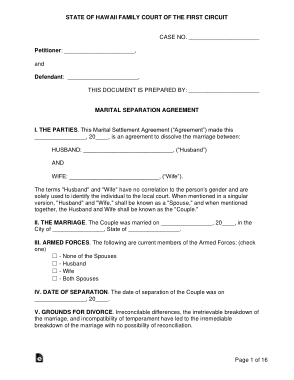 Hawaii Marital Settlement Agreement Form Template