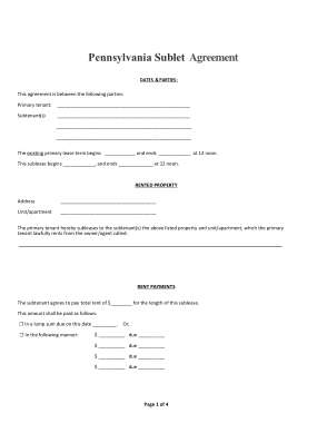 Pennsylvania Sublet Agreement Form Template