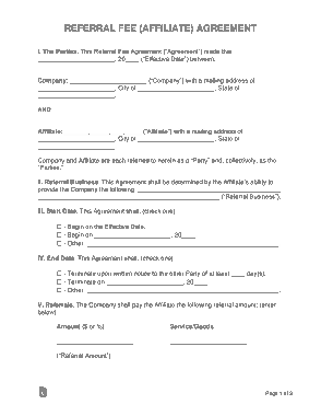 Referral Fee Affiliate Agreement Form Template