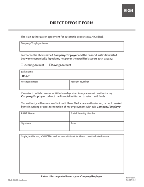 Bbandt Direct Deposit Authorization Form Template