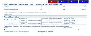 Navy Federal Credit Union Direct Depsoit Authorization Form Template