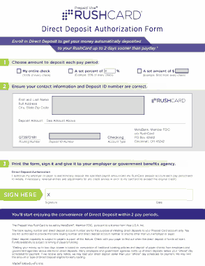 Rush Card Direct Deposit Authorization Form Template