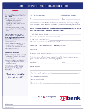 Usbank Direct Deposit Authorization Form Template