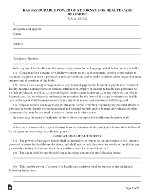 Kansas Durable Power Of Attorney For Health Care Decisions Form Template
