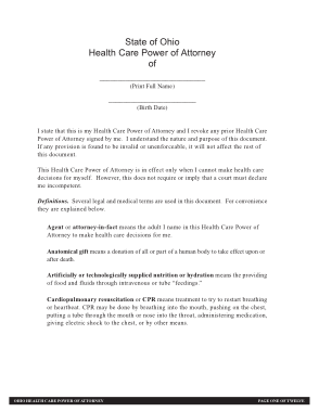 Ohio Durable Power Of Attorney Health Care Form Template