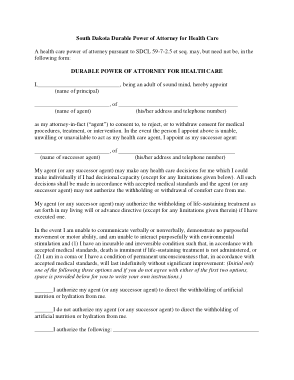 South Dakota Durable Power Of Attorney For Health Care Form Template
