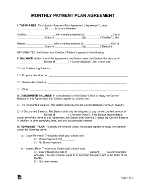 Monthly Payment Plan Agreement Form Template