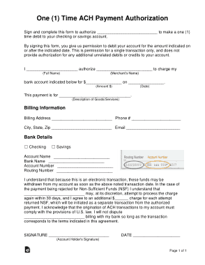 One 1 Time Ach Payment Authorization Form Template