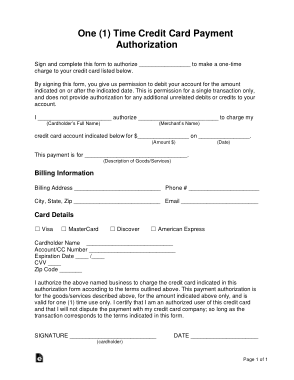 One 1 Time Credit Card Payment Authorization Form Template