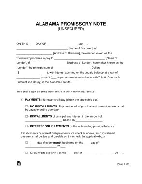 Alabama Unsecured Promissory Note Form Template