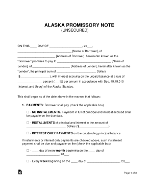 Alaska Unsecured Promissory Note Form Template