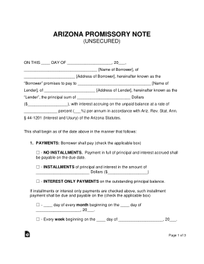 Arizona Unsecured Promissory Note Form Template