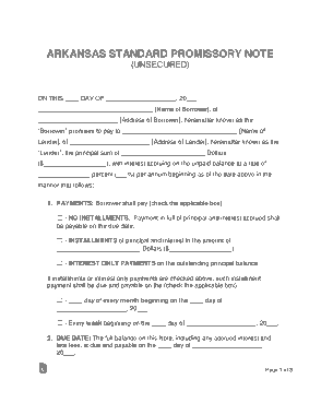 Free Download PDF Books, Arkansas Standard Unsecured Promissory Note Form Template