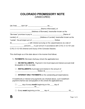 Colorado Unsecured Promissory Note Form Template