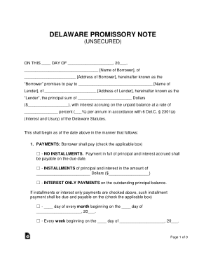 Delaware Unsecured Promissory Note Form Template