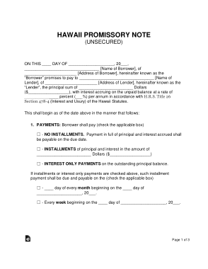 Hawaii Unsecured Promissory Note Form Template