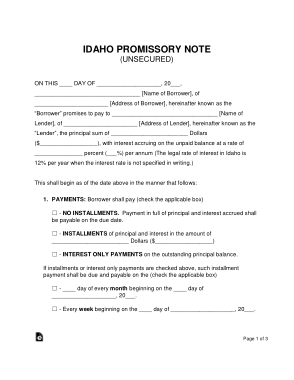 Idaho Unsecured Promissory Note Form Template