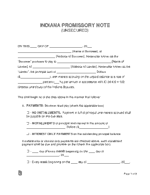 Indiana Unsecured Promissory Note Form Template