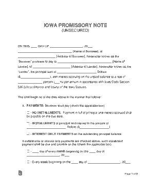 Iowa Unsecured Promissory Note Form Template