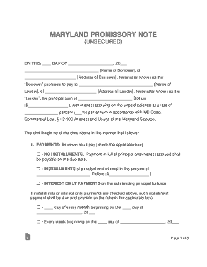 Maryland Unsecured Promissory Note Form Template