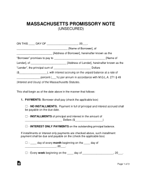 Massachusetts Unsecured Promissory Note Form Template