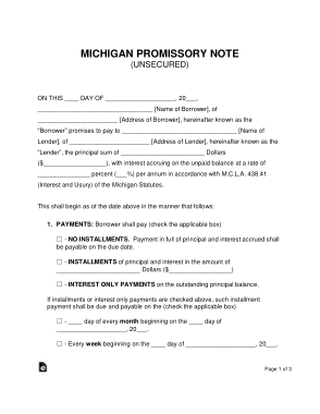 Michigan Unsecured Promissory Note Form Template