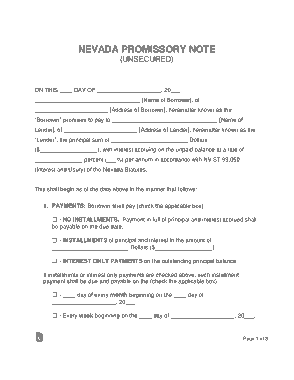 Nevada Unsecured Promissory Note Form Template