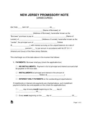 New Jersey Unsecured Promissory Note Form Template