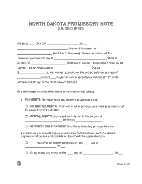 North Dakota Unsecured Promissory Note Form Template