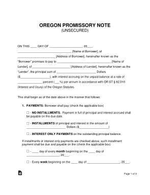 Oregon Unsecured Promissory Note Form Template