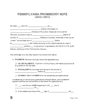 Pennsylvania Unsecured Promissory Note Form Template