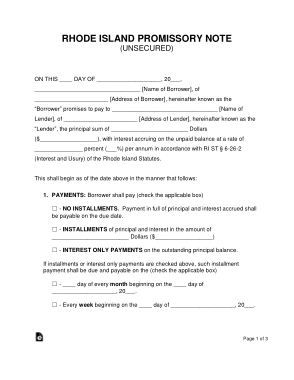 Rhode Island Unsecured Promissory Note Form Template