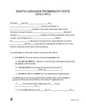 South Carolina Unsecured Promissory Note Form Template