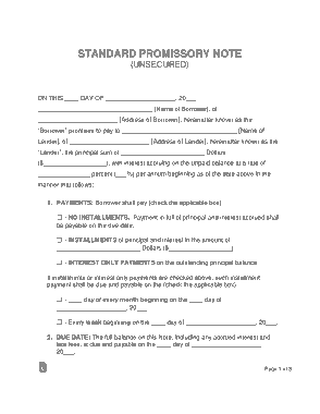 Standard Unsecured Promissory Note Form Template