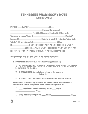 Tennessee Unsecured Promissory Note Form Template