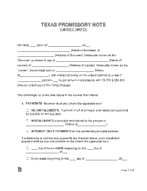 Texas Unsecured Promissory Note Form Template