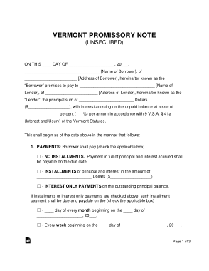 Vermont Unsecured Promissory Note Form Template