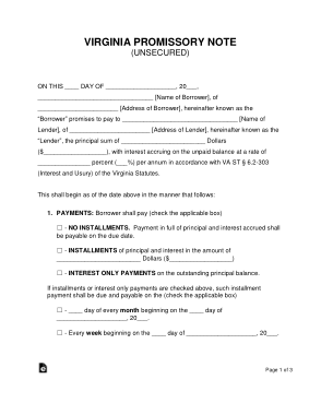Virginia Unsecured Promissory Note Form Template