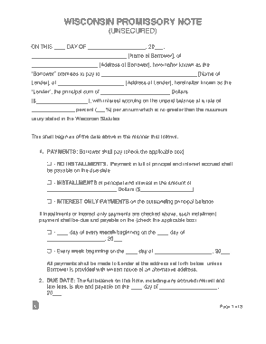 Wisconsin Unsecured Promissory Note Form Template