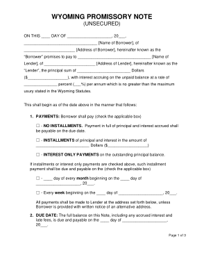 Wyoming Unsecured Promissory Note Form Template