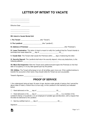 Letter of Intent To Vacate Sample Letter Template