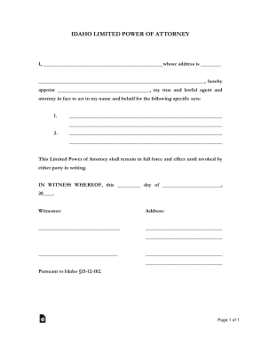 Idaho Limited Power Of Attorney Form Template