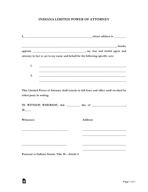 Indiana Limited Power Of Attorney Form Template