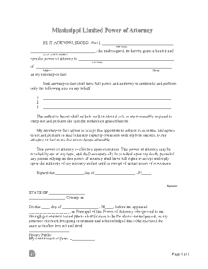 Mississippi Limited Power Of Attorney Form Template