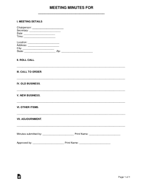 1 Page Meeting Minutes Form Template