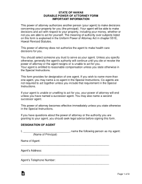 Hawaii Durable Statutory Power Of Attorney Form Template