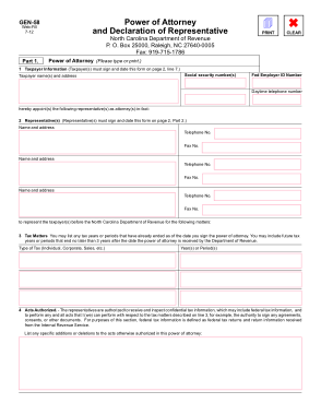 North Carolina Tax Power Of Attorney Form Gen58 Form Template