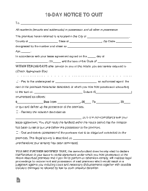 10 Day Eviction Notice To Quit Form Template