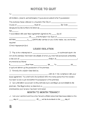 Eviction Notice To Quit Form Template Form Template