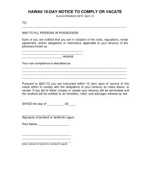 Hawaii 10 Day Notice To Comply Eviction Form Template